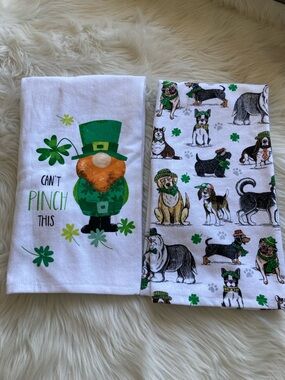 St. Patrick's Day Gnome & Dog Print Kitchen Towels - Green & White